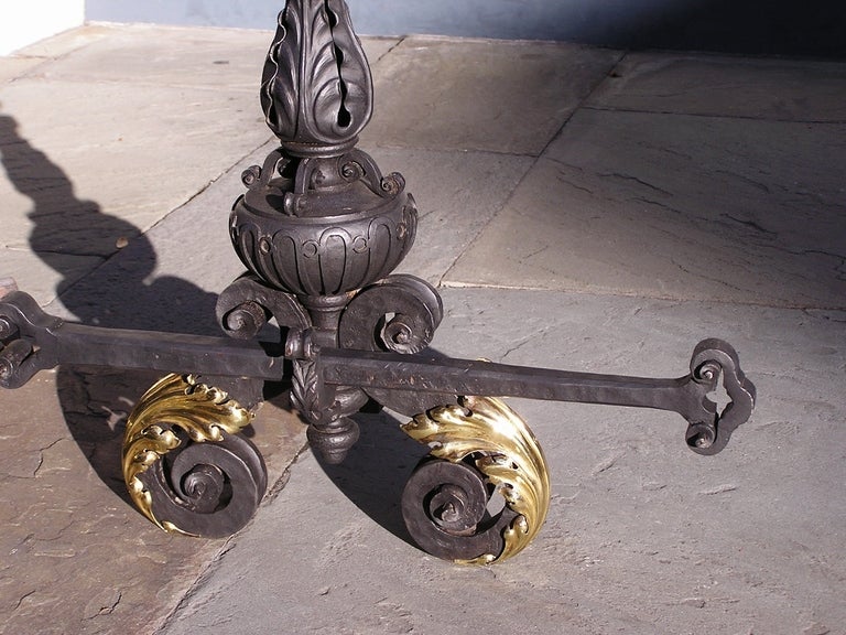 Pair of Italian Wrought Iron and Brass Andirons For Sale 3