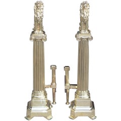 Pair of English Brass Monumental Lion Andirons. Circa 1840