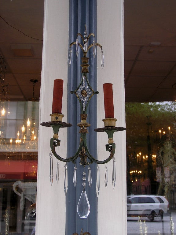 Early 19th Century Pair of Italian Painted and Gilt Two Arm Crystal Wall Sconces, Circa 1810 For Sale