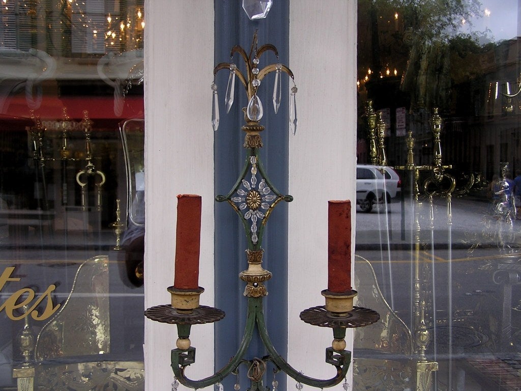 Pair of Italian Painted and Gilt Two Arm Crystal Wall Sconces, Circa 1810 For Sale 2
