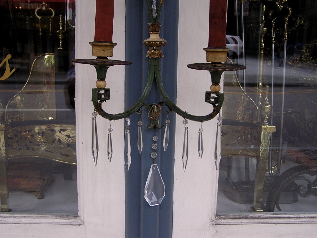 Pair of Italian Painted and Gilt Two Arm Crystal Wall Sconces, Circa 1810 For Sale 3