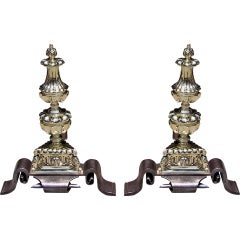 Pair of English  Brass and Wrought Iron Andirons