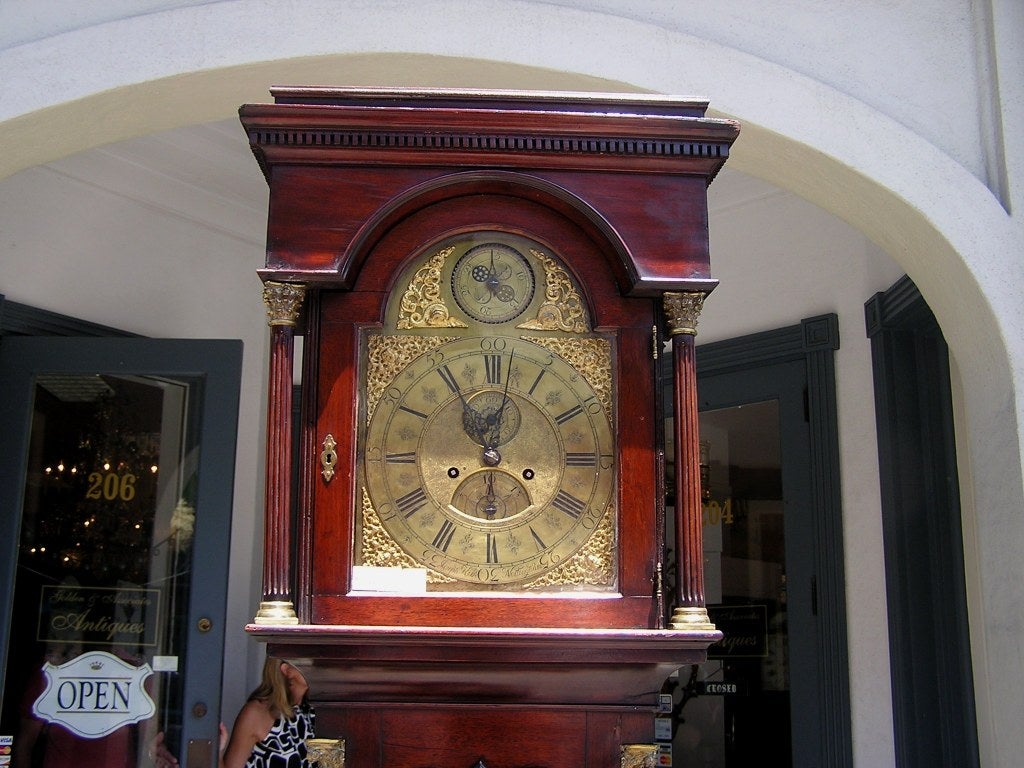 George II English Mahogany Ormolu Tall Case Clock.  Circa 1740