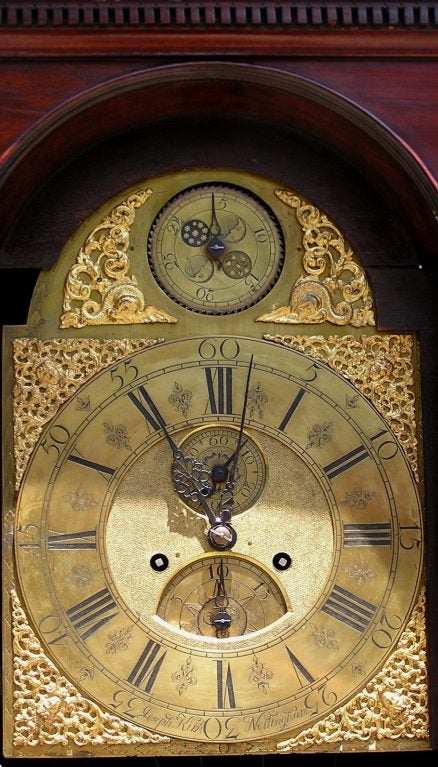 Hand-Carved English Mahogany Ormolu Tall Case Clock.  Circa 1740