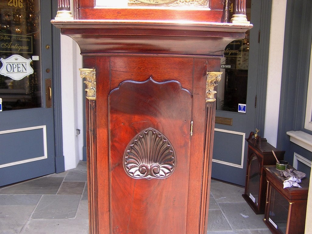 Brass English Mahogany Ormolu Tall Case Clock.  Circa 1740