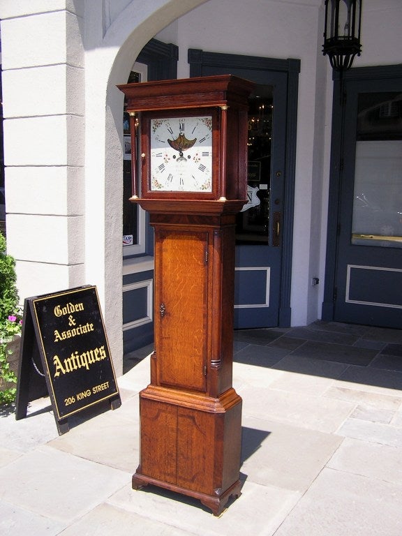 English Regency Oak & Mahogany Painted Tall Case Clock. Circa 1790