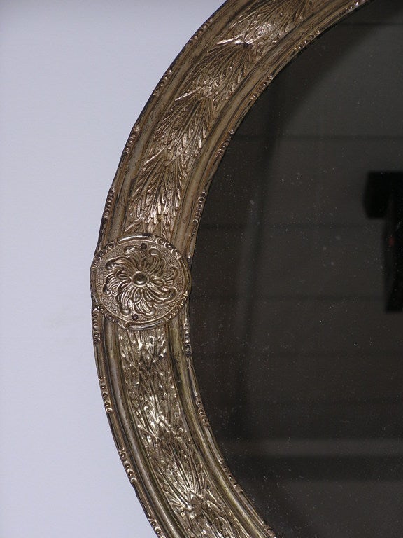 Glass French Silver Gilt Tin Oval Wall Mirror with Central Ribbon Cartouche, C. 1840 For Sale