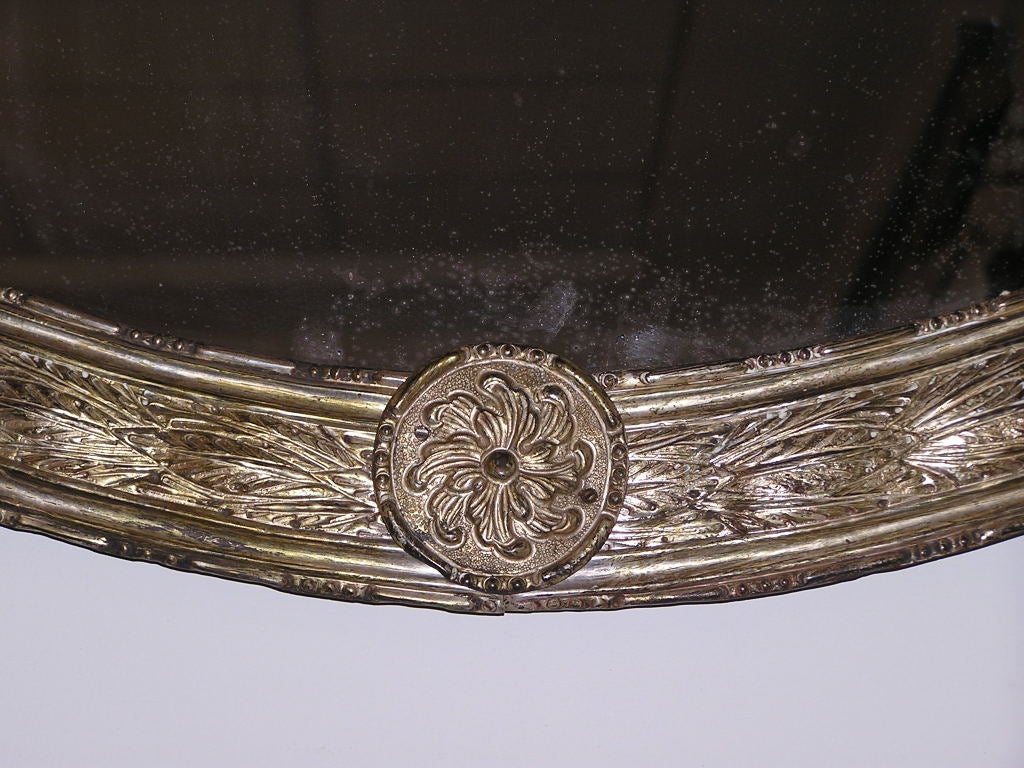 French Silver Gilt Tin Oval Wall Mirror with Central Ribbon Cartouche, C. 1840 For Sale 1
