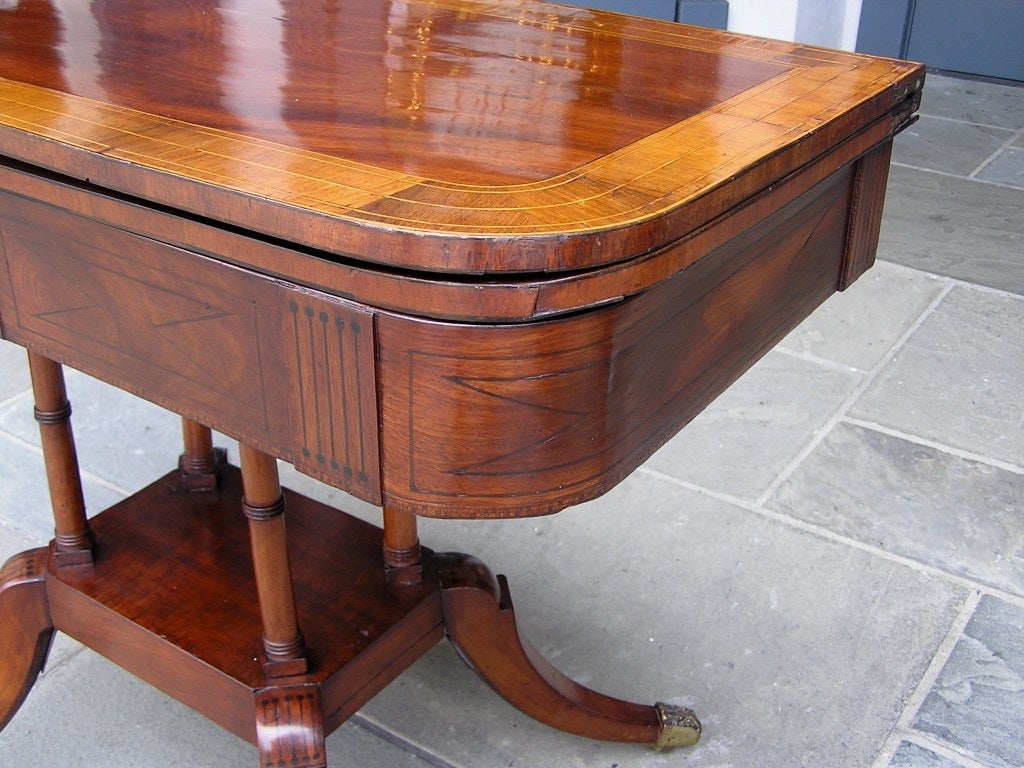 Brass English Mahogany Satinwood and Ebony Inlaid Hinged Game Table, Circa 1800 For Sale