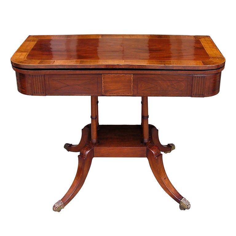 Englischer englischer Spieltisch aus Mahagoni, Seidenholz und Ebenholz mit Intarsien und Scharnieren, um 1800
