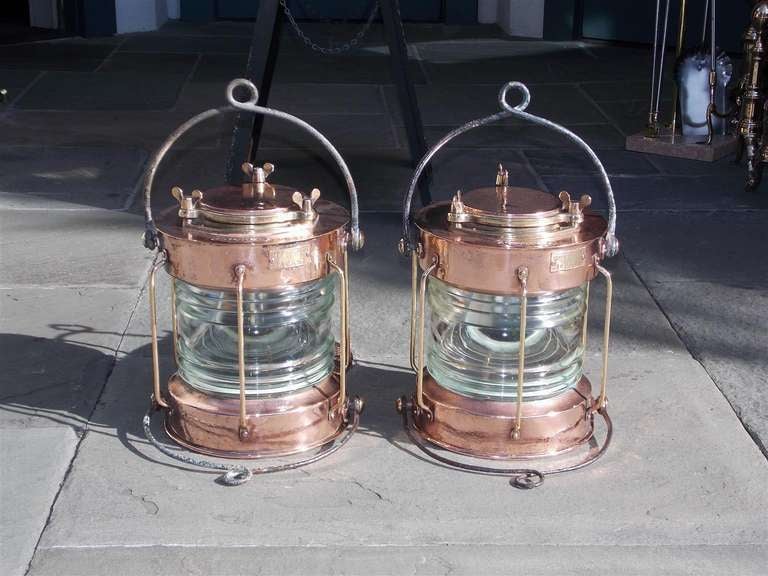 Pair of English copper anchor ship lanterns. Stamped by maker, Meteorite.  Circa 1910-20