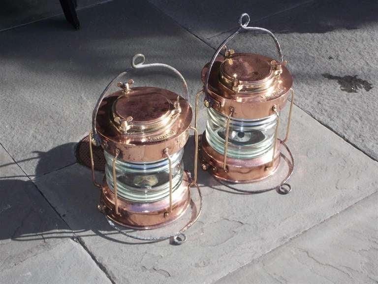 Pair of English Copper Anchor Ship Lanterns. Meteorite Firm, Circa 1910-20 In Excellent Condition In Hollywood, SC