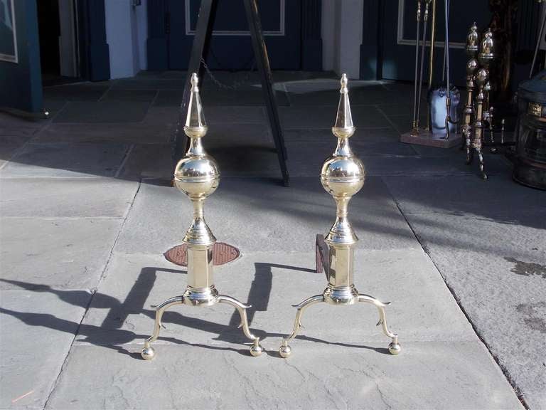 Pair of American Brass Steeple Top Andirons. New York, Circa 1800