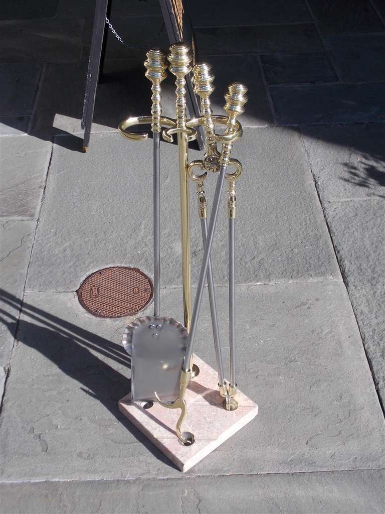 Set of American Brass and Polished Steel Tools on Marble Stand.  Circa 1830 In Excellent Condition For Sale In Hollywood, SC