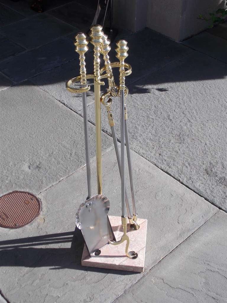 19th Century Set of American Brass and Polished Steel Tools on Marble Stand.  Circa 1830 For Sale