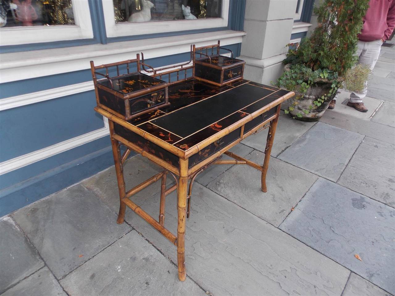English Faux Bamboo Black Lacquered Writing Desk Circa 1830 For