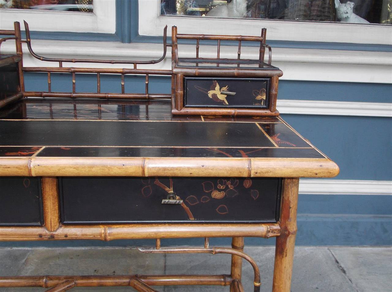 George IV English Faux Bamboo Black Lacquered Writing Desk, Circa 1830