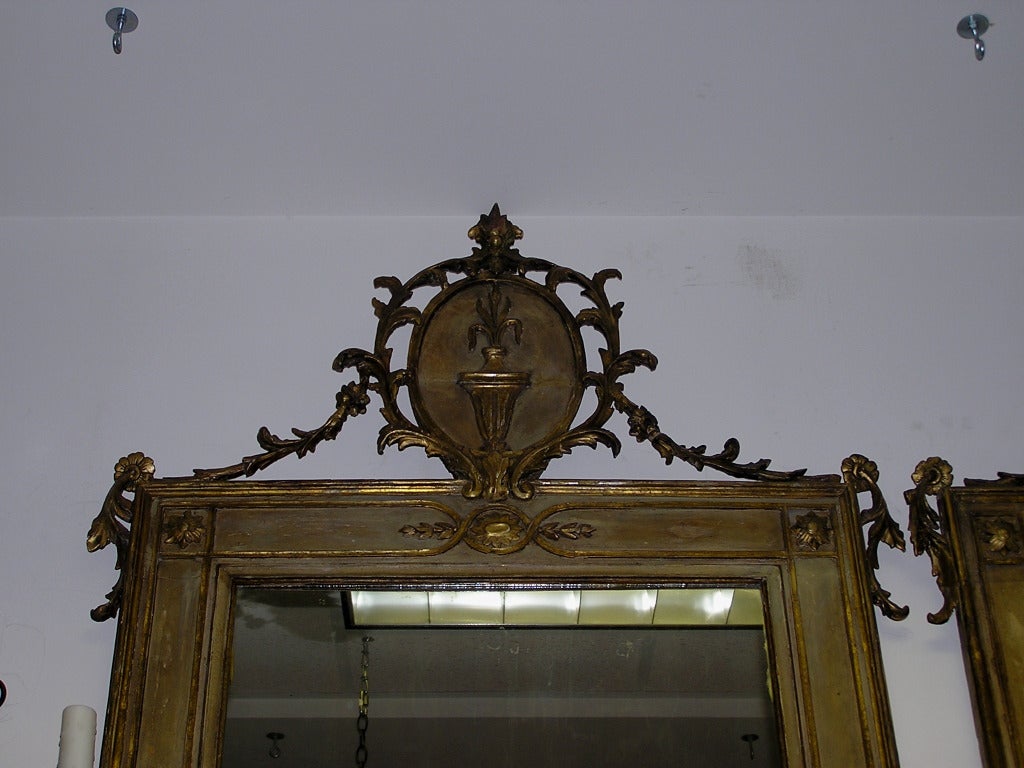 Neoclassical Pair of Italian Gilt and Painted Floral Wall Mirrors. Circa 1790