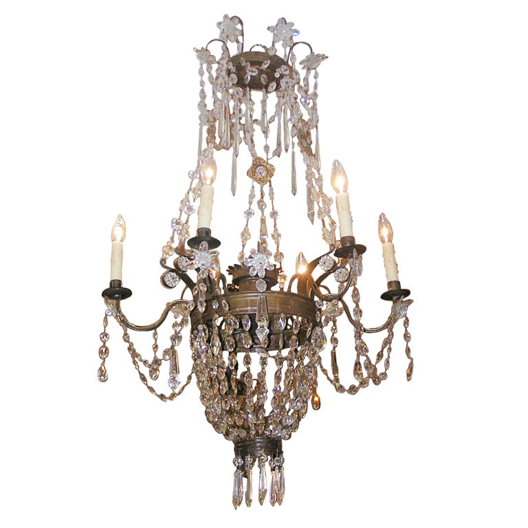 Italian Gilt Bronze and Crystal Chandelier For Sale