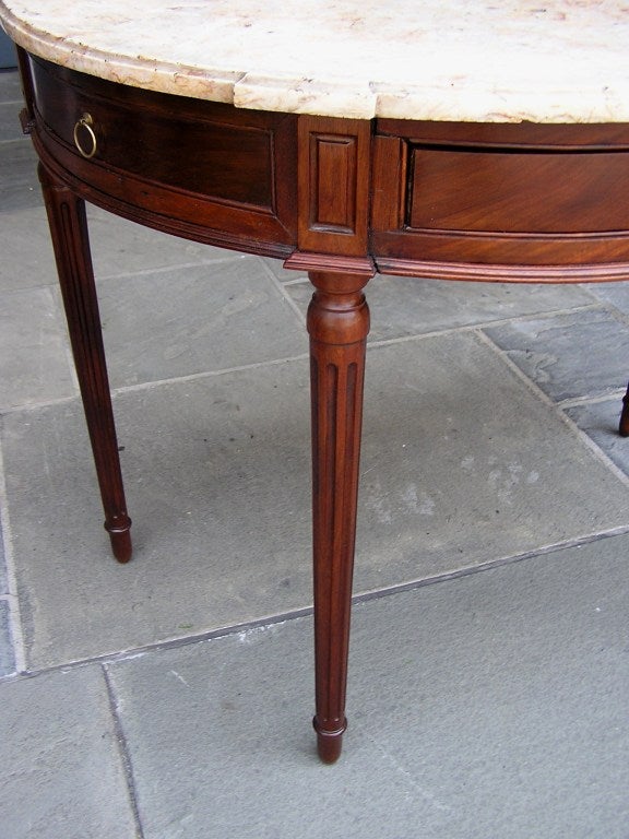Neoclassical Italian Walnut Demi-lune One Drawer Marble Top Console with Fluted legs, C. 1780 For Sale