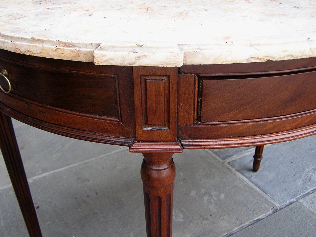 Hand-Carved Italian Walnut Demi-lune One Drawer Marble Top Console with Fluted legs, C. 1780 For Sale