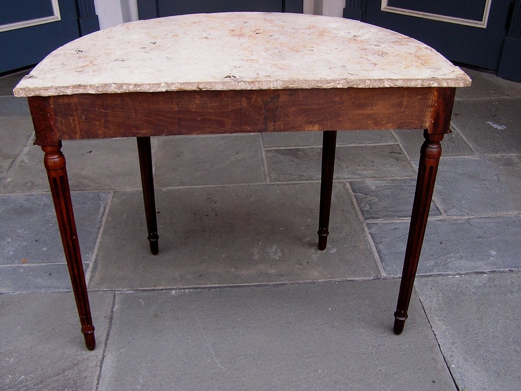 Italian Walnut Demi-lune One Drawer Marble Top Console with Fluted legs, C. 1780 In Excellent Condition For Sale In Hollywood, SC