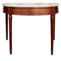 Antique Italian Walnut Demi-lune One Drawer Marble Top Console with Fluted legs, C. 1780