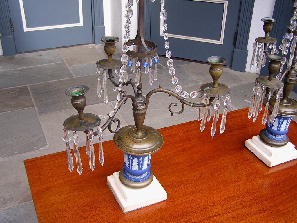 Late 18th Century Pair of English Bronze and Wedgewood Three Arm Two Tiered Candelabras. C. 1790 For Sale