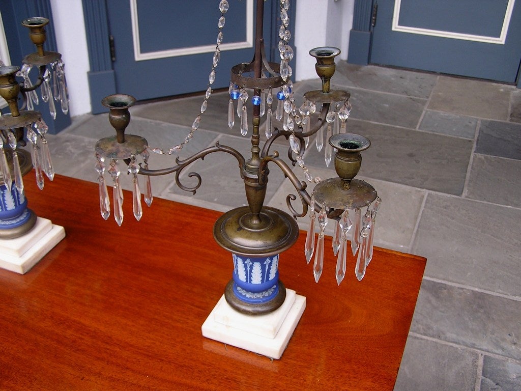 Pair of English Bronze and Wedgewood Three Arm Two Tiered Candelabras. C. 1790 For Sale 1