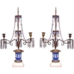 Pair of English Bronze and Wedgewood Three Arm Two Tiered Candelabras. C. 1790