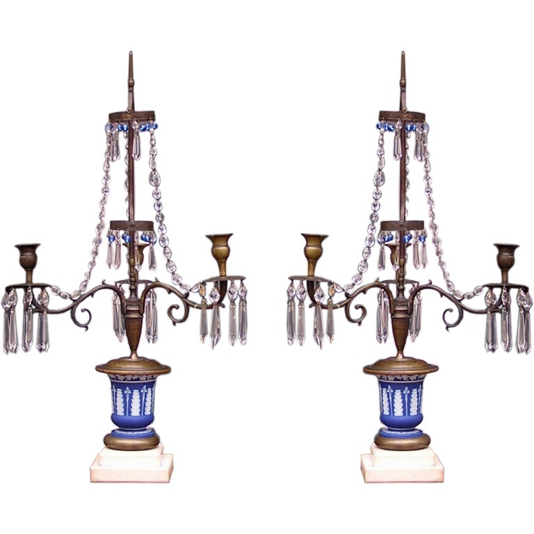 Pair of English Bronze and Wedgewood Three Arm Two Tiered Candelabras. C. 1790