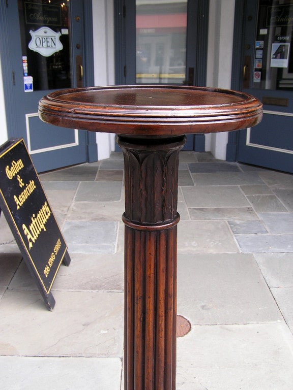Hand-Carved Pair of English Mahogany Foliate and Reeded Dish Top Tripod Pedestals, C. 1780 For Sale