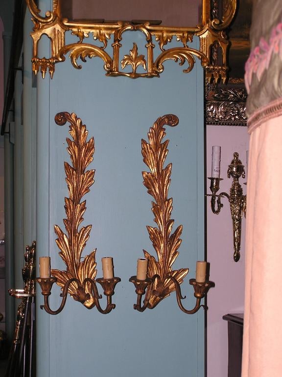 Pair of French foliage gilt wood wall sconces with two scrolled floral arms and wax candle covers, Early 19th Century. Originally candle powered and have been electrified.