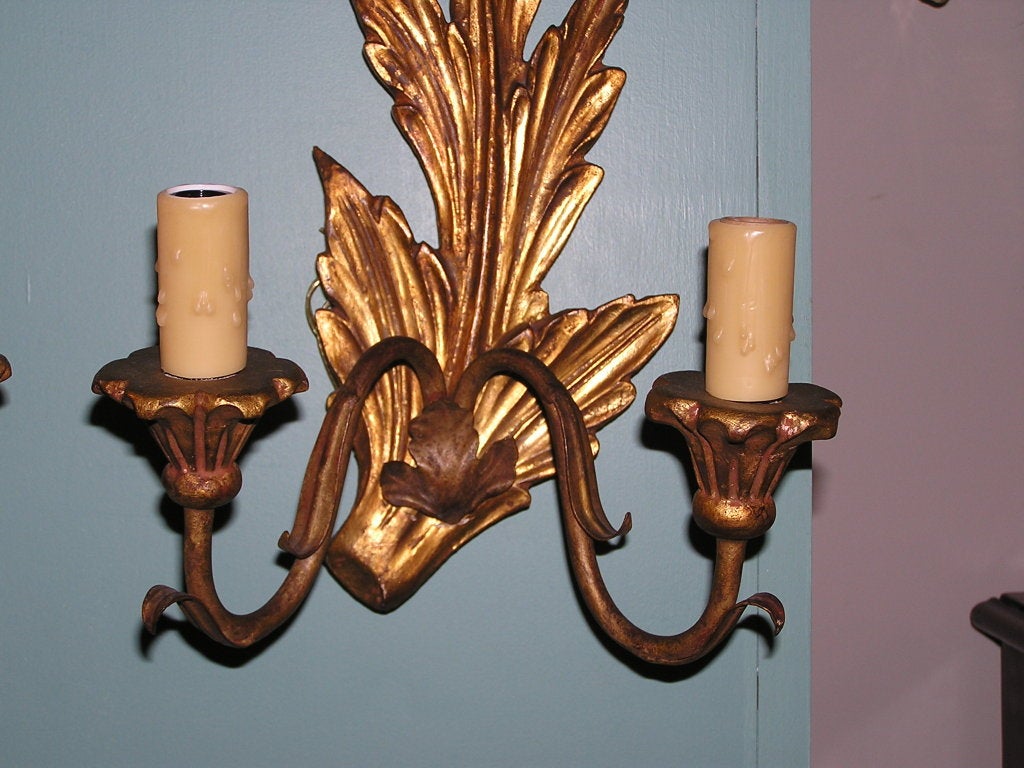 Mid-19th Century Pair of French Foliage Gilt Wood Two Arm Scrolled Wall Sconces, Circa 1830