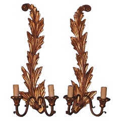 Pair of French Foliage Gilt Wood Two Arm Scrolled Wall Sconces, Circa 1830