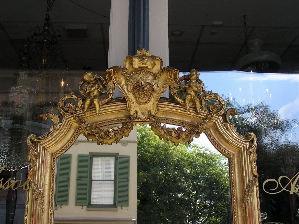 French Gilt Wood & Gesso Foliage Swag Medallion Crest Cherub Wall Mirror, C 1810 In Excellent Condition For Sale In Hollywood, SC