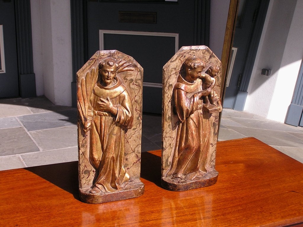 Carved Pair of Italian Gilt Wood Poly Chromed Religous Figures For Sale