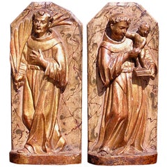 Paar italienische vergoldete, polychromierte, symmetrische Figuren aus Holz