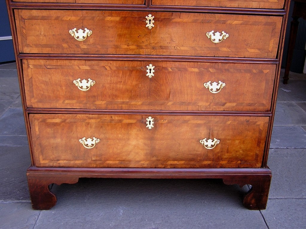 Hand-Carved English Walnut Graduated and Inlaid Chest with Original Bracket Feet, C. 1780