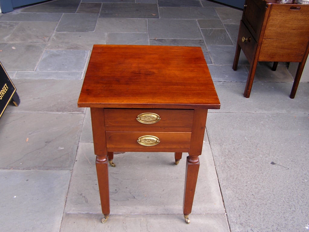American Cherry Two Drawer Stand on Brass Casters. NY,  Circa 1815 In Excellent Condition For Sale In Hollywood, SC