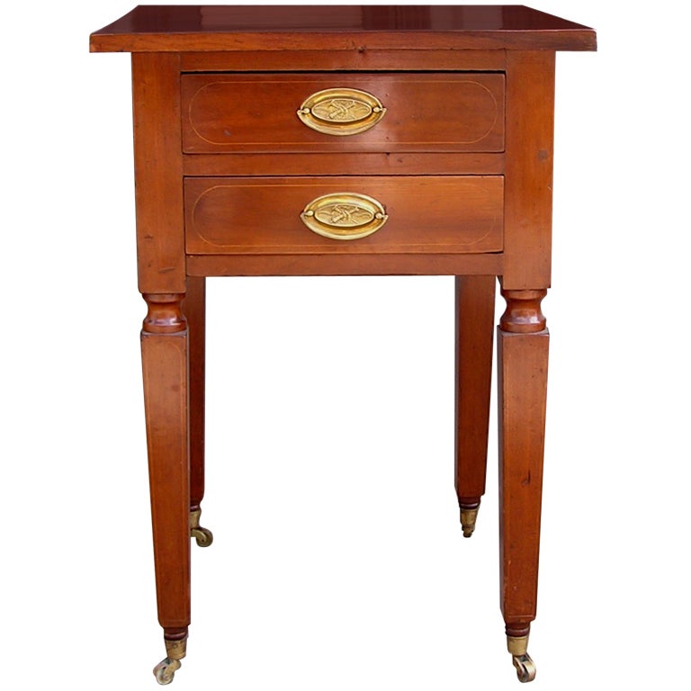 American Cherry Two Drawer Stand on Brass Casters. NY,  Circa 1815 For Sale