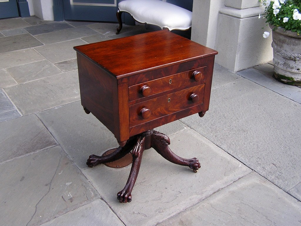 American Mahogany Two Drawer Acanthus Lions Paw Table.  Circa 1815 In Excellent Condition In Hollywood, SC