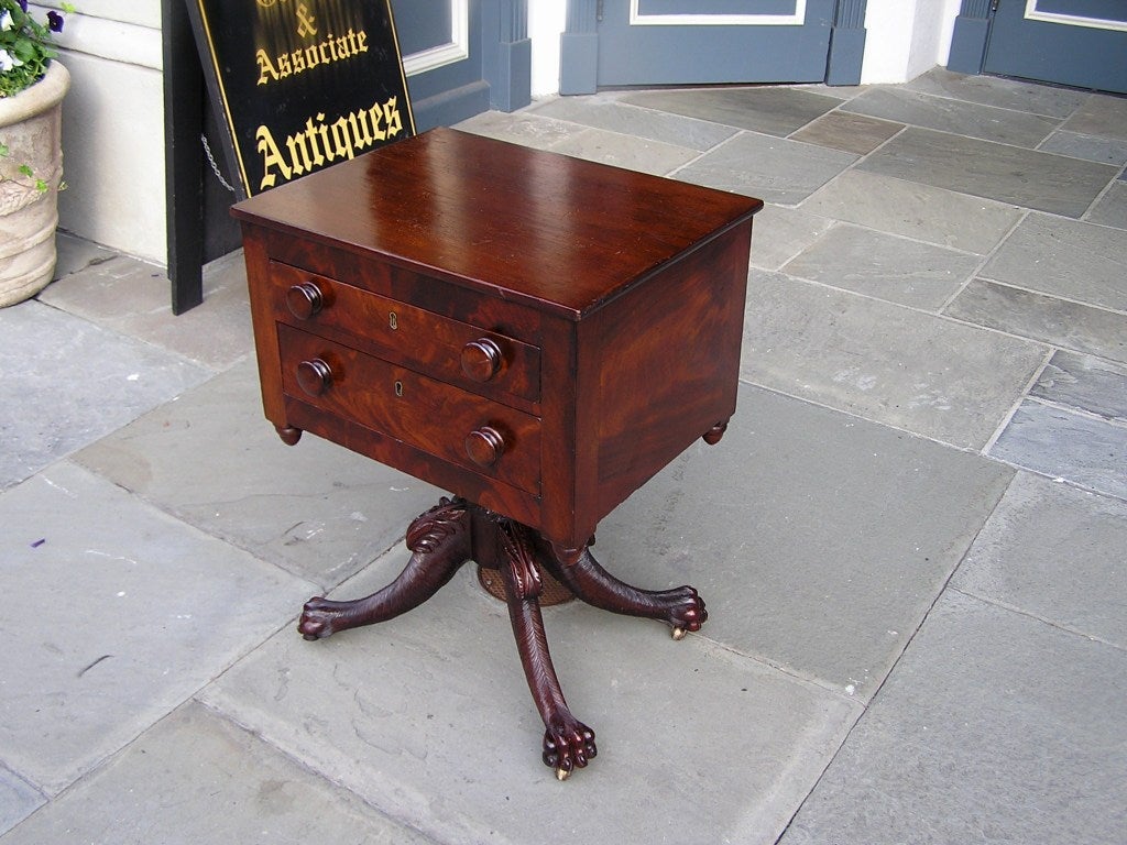 Early 19th Century American Mahogany Two Drawer Acanthus Lions Paw Table.  Circa 1815