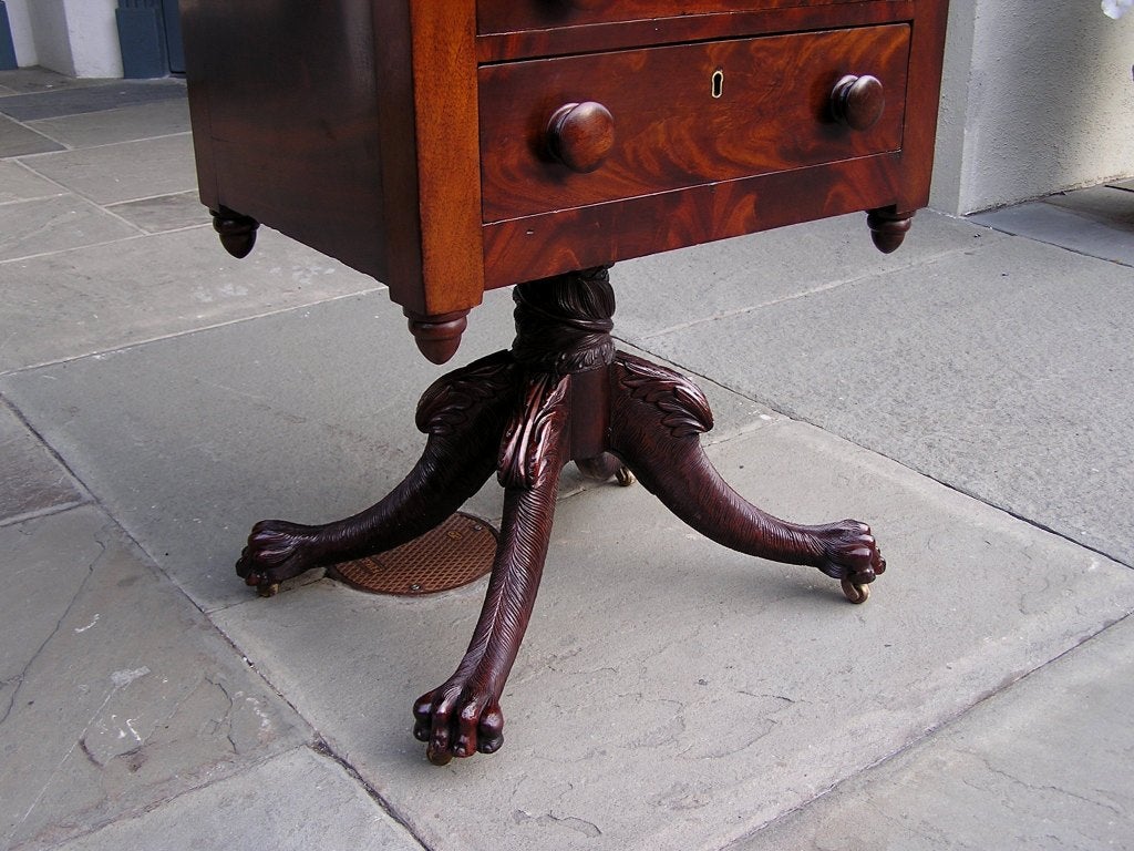 Brass American Mahogany Two Drawer Acanthus Lions Paw Table.  Circa 1815