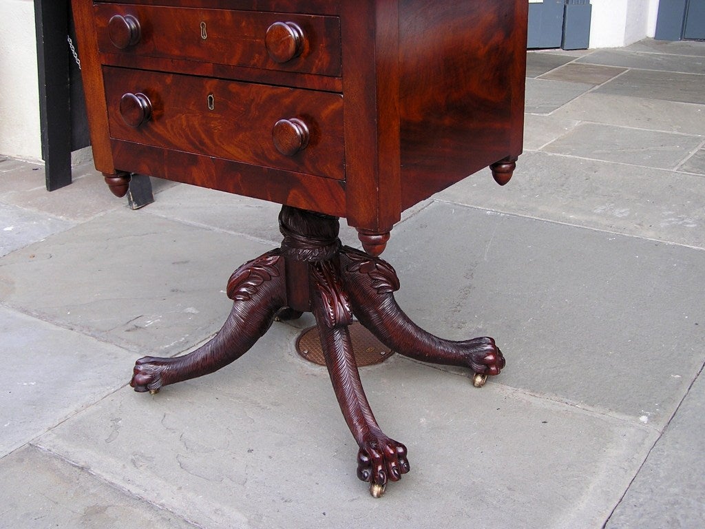 American Mahogany Two Drawer Acanthus Lions Paw Table.  Circa 1815 1
