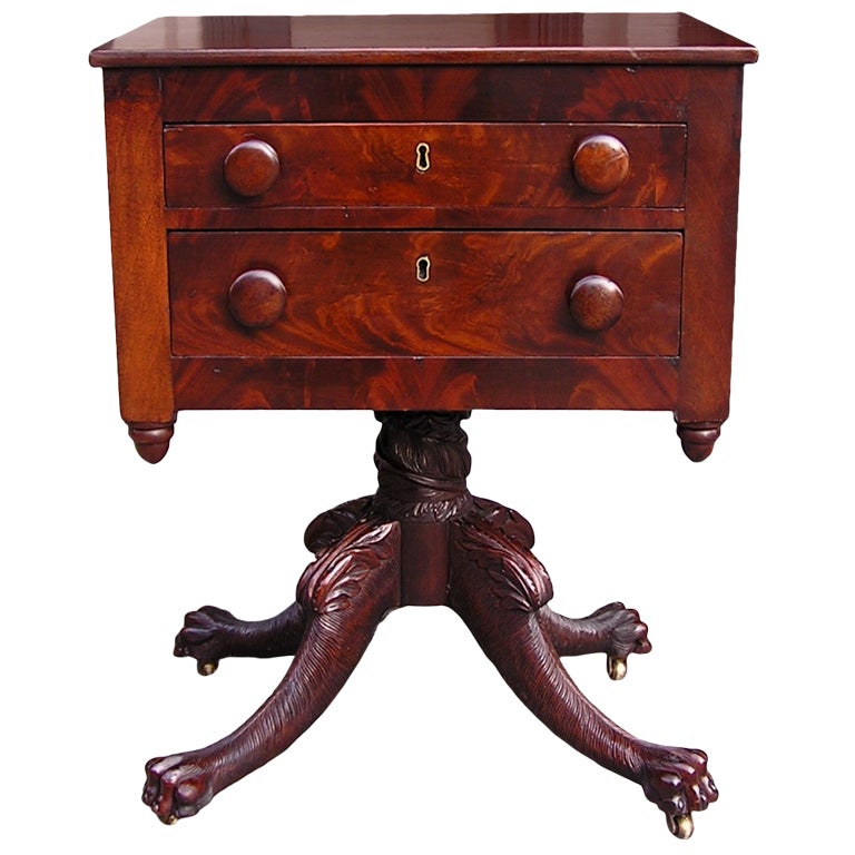 American Mahogany Two Drawer Acanthus Lions Paw Table.  Circa 1815