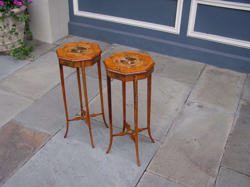 19th Century Pair of English Painted and Satinwood Pedestal Tables