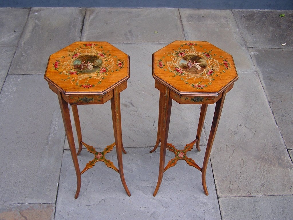 Pair of English Painted and Satinwood Pedestal Tables 1