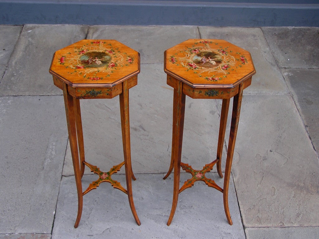Pair of English Painted and Satinwood Pedestal Tables 2