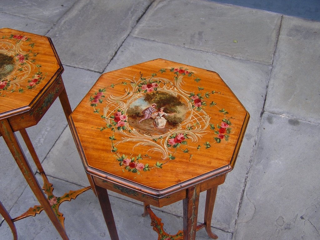Pair of English Painted and Satinwood Pedestal Tables 4